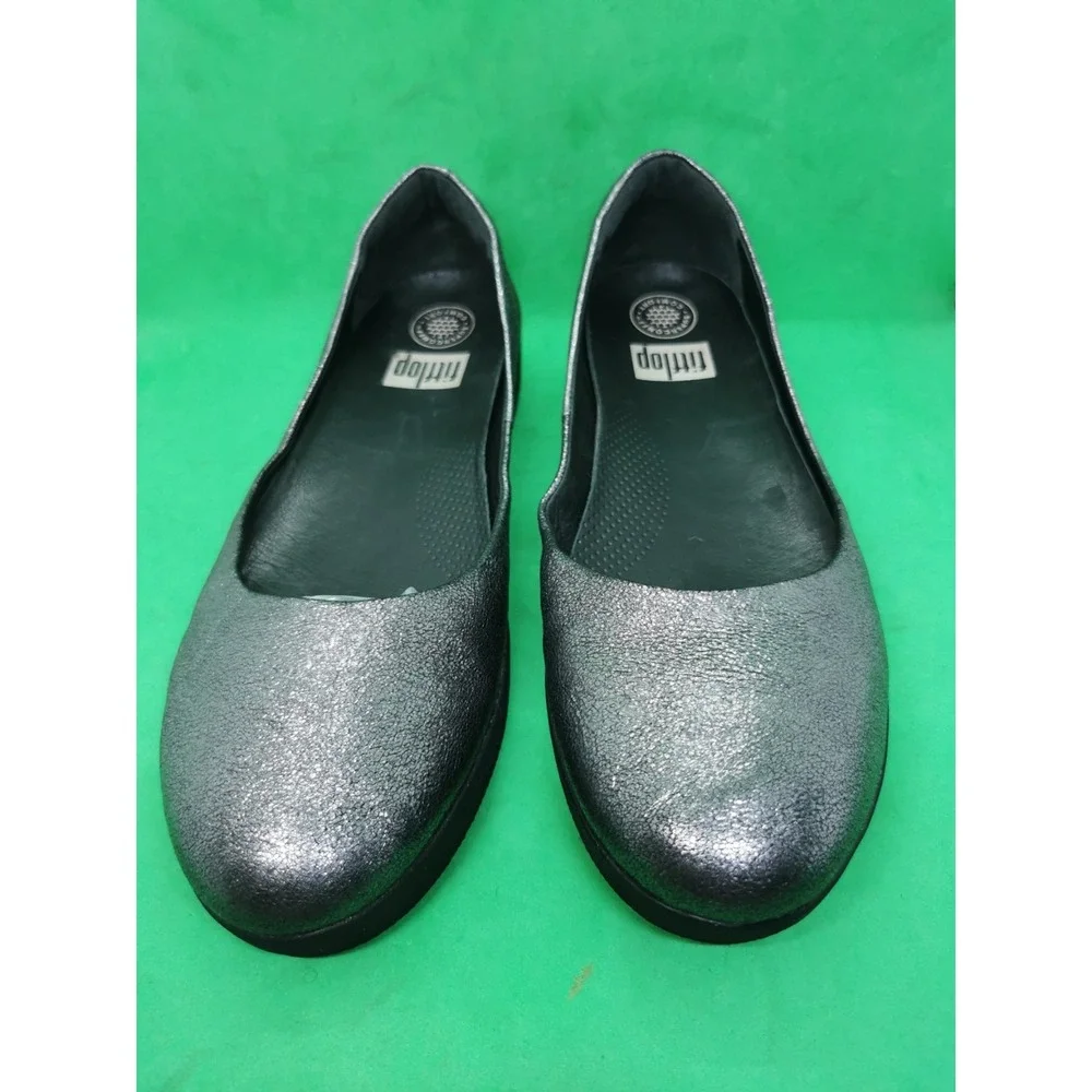 FitFlop Women Superballerina Flats Sz 10 Silver Grey Leather Metallic Anthracite